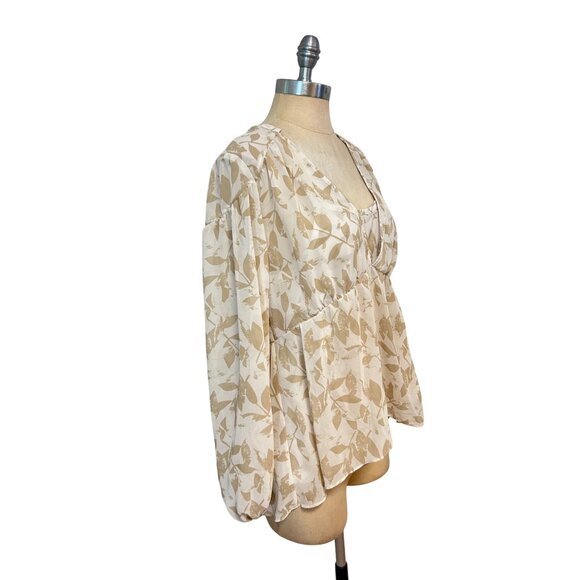 Cabi Couplet Blouse #4156 Beige White Leaf Print Medium 2 Pc - Picture 2 of 4